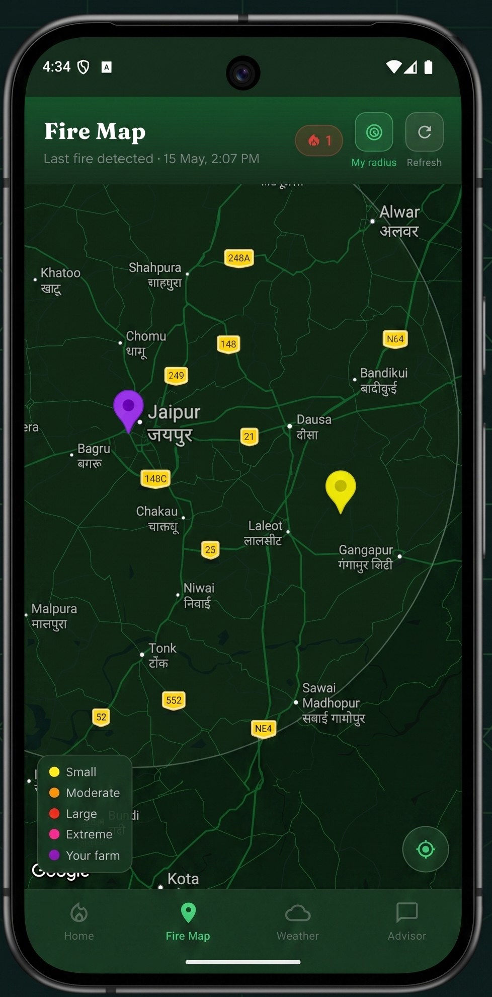 Kheto fire map: live fire markers around Jaipur with the farm location pinned and an alert radius drawn