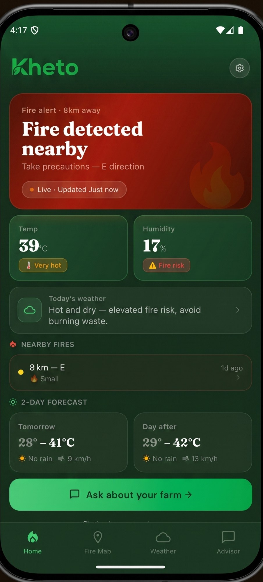 Kheto home screen: a live fire alert 8 km east, temperature and humidity flagged as fire risk, and a two-day forecast